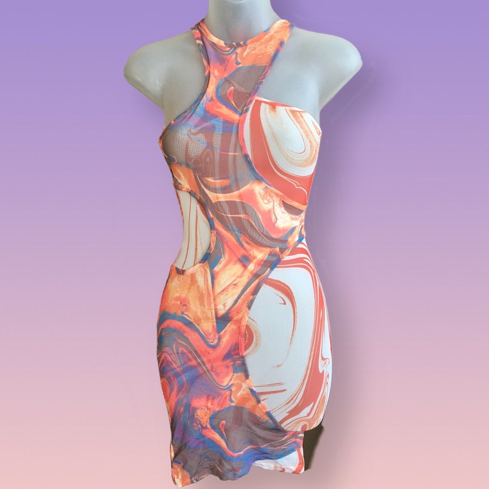 BNWT JADED LONDON Orange Marbled Cutout Mesh Bodycon Mini Dress Sz XS (UK 6)